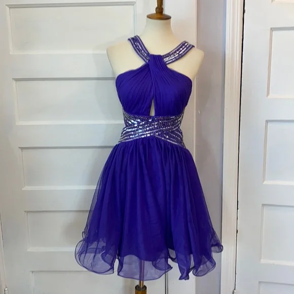 blondie nites halter dress Blondie Nites: Halter-Neck Embroidered-Bodice Side Slit Charmeuse Long Dress